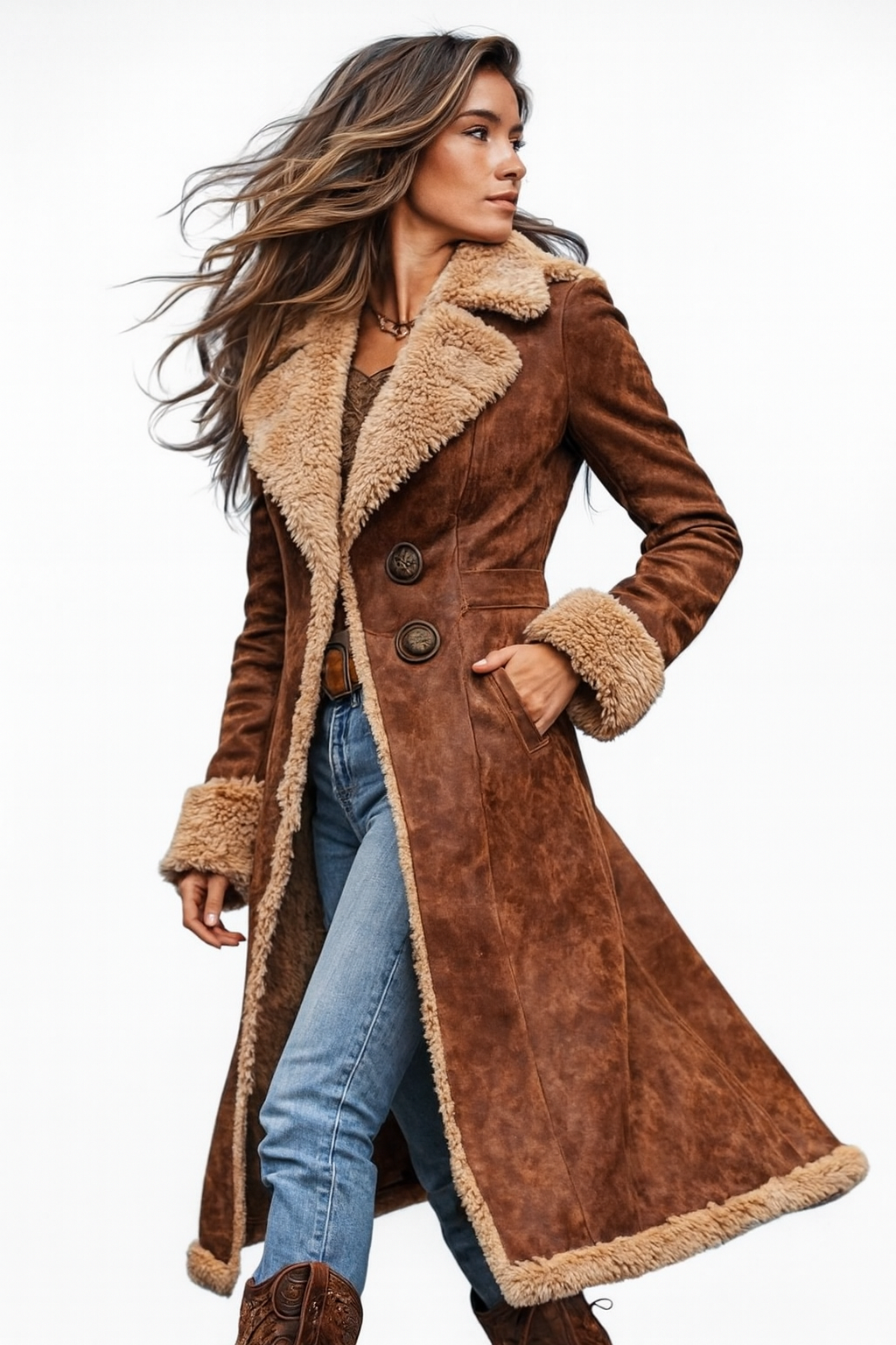 Romane | Manteau effet daim doublé de fausse fourrure