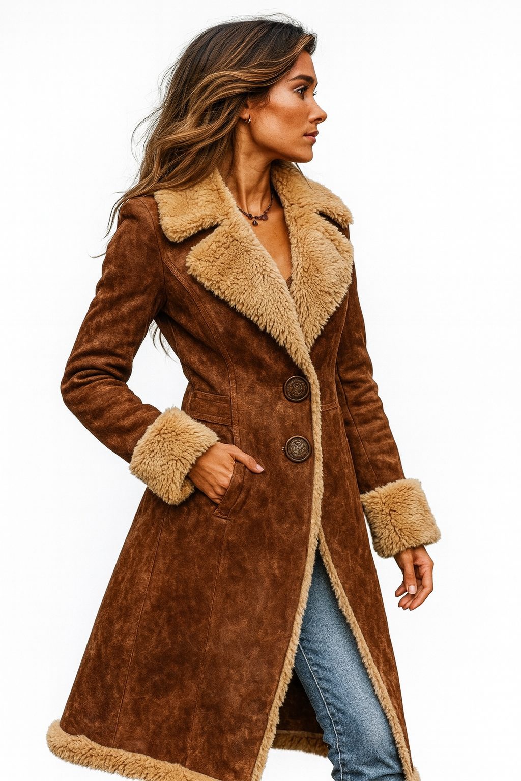 Romane | Manteau effet daim doublé de fausse fourrure