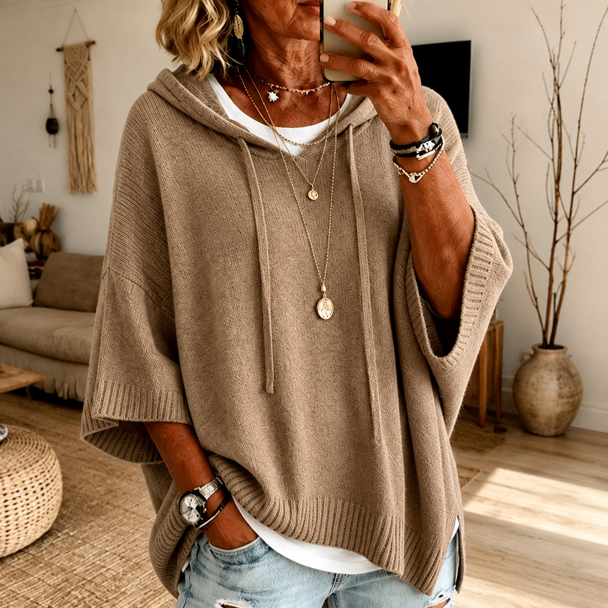 Manon | Pull poncho taupe douillet