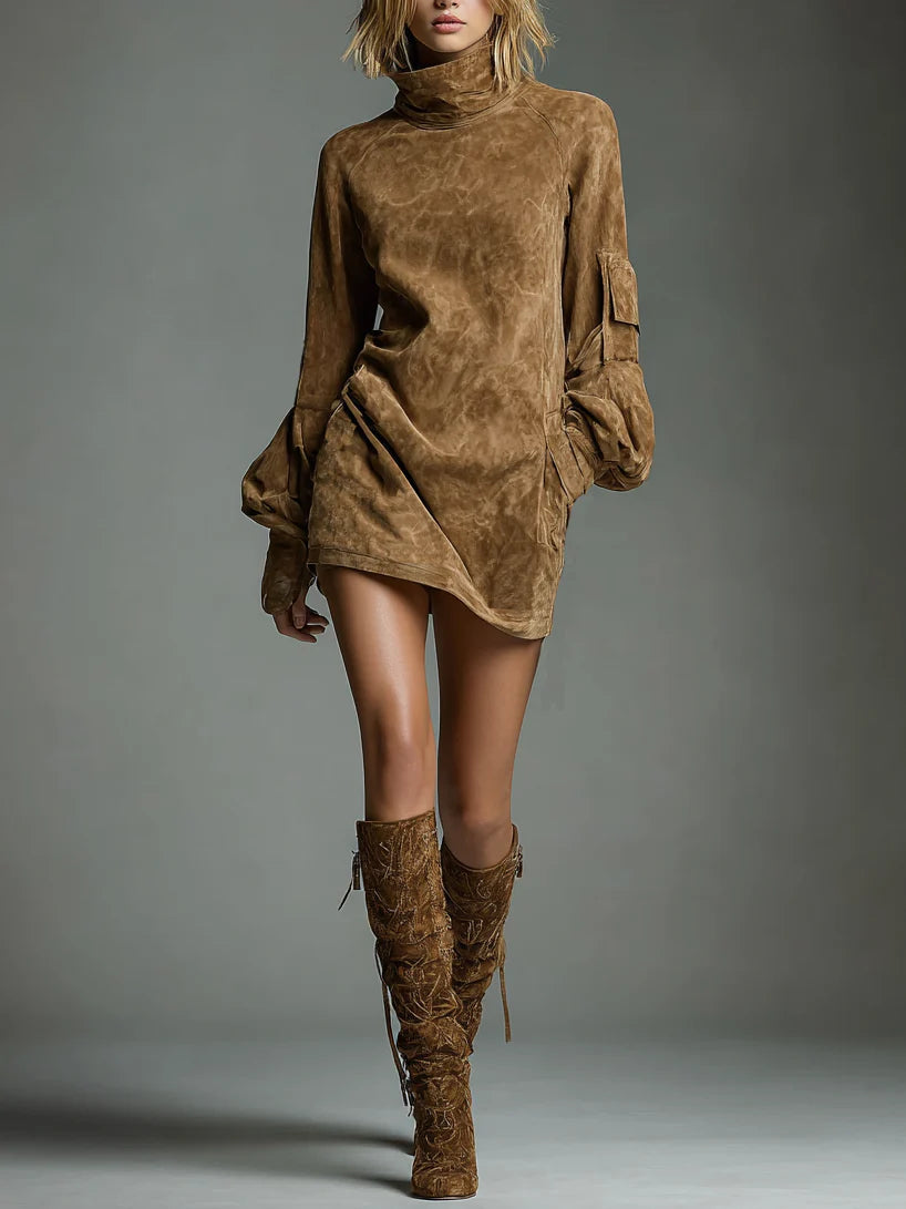 Bibiane | Mini-robe oversize en suède à col montant