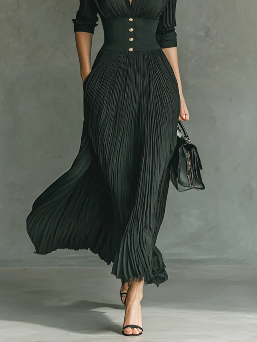 Elvire | Robe longue plissée avec revers et taille haute