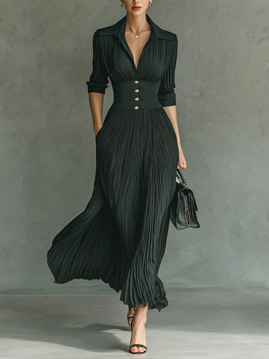 Elvire | Robe longue plissée avec revers et taille haute