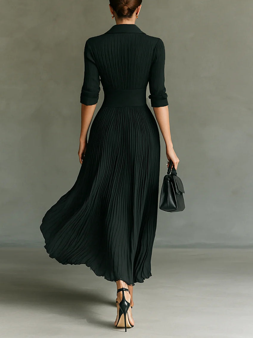Elvire | Robe longue plissée avec revers et taille haute