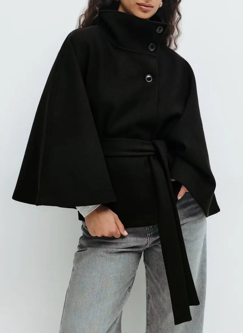 Solange | Manteau cape ceinturé en laine mélangée